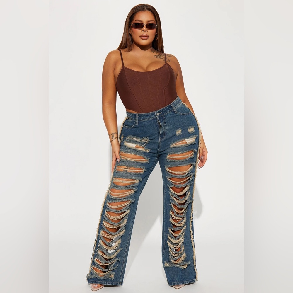 Fashion Nova Blue Distressed Flare Jeans - Picture 3 of 6